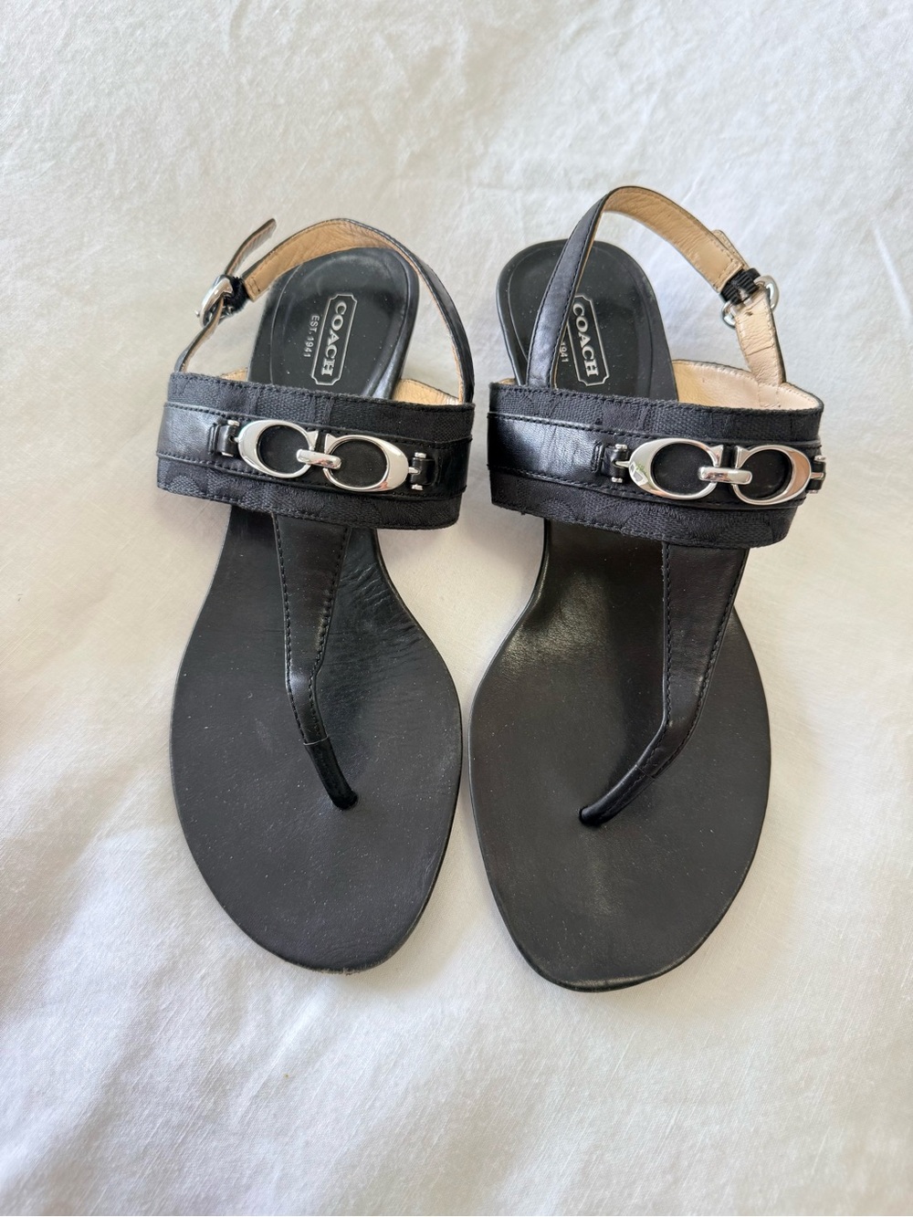 Coach | Women’s 10 | Black Despina Thong Sandal | Silver Tone Hardware Monogram